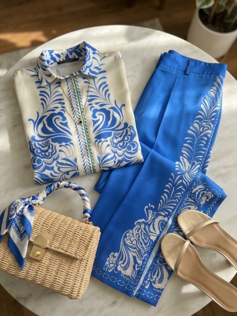 ZARA Blue & White Floral Matching Set (Shirt & Pants) SIZE S/M